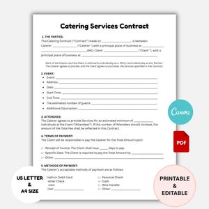 Editable Catering Services Contract Template: Event Agreement (PDF, Canva, A4 & US Letter Sizes)