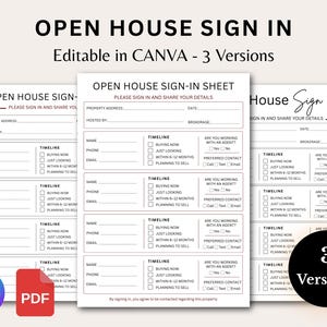 Puede incluir: Imagen de tres hojas de registro de puertas abiertas con diferentes diseños. Las hojas son blancas con texto negro, incluyendo campos para nombre, teléfono, correo electrónico y cronograma. La imagen también incluye logotipos de Canva y PDF, y un círculo negro con el número 3.