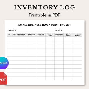 Può includere: Un registro di inventario stampabile bianco per piccole imprese. Il documento include campi per SKU, descrizione articolo, categoria, quantità venduta, livello di riordino, quantità in stock, quantità da ordinare e note del fornitore. Il testo "INVENTORY LOG Printable in PDF" è in alto.