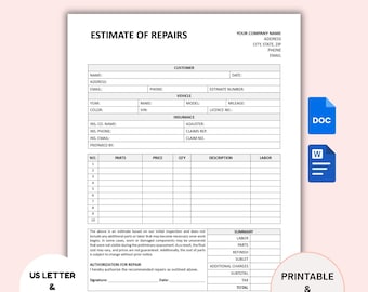 Editable Auto Repair Estimate Template, Automotive Service Invoice, Estimate Form, Car Repair, Body Shop Estimate, Word/Google Doc/A4/Letter