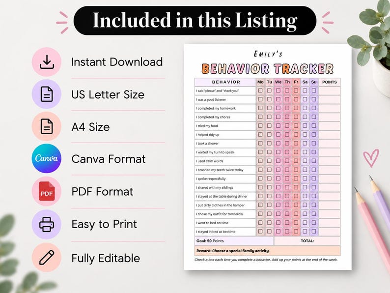 Editable Canva Behavior Tracker for Kids, Printable Reward Chart (PDF ...