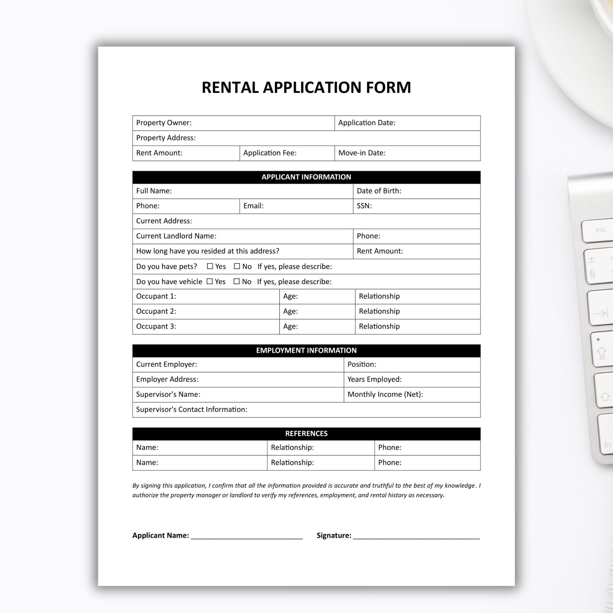 Editable Rental Application Template: Landlord Lease Form (word, PDF ...