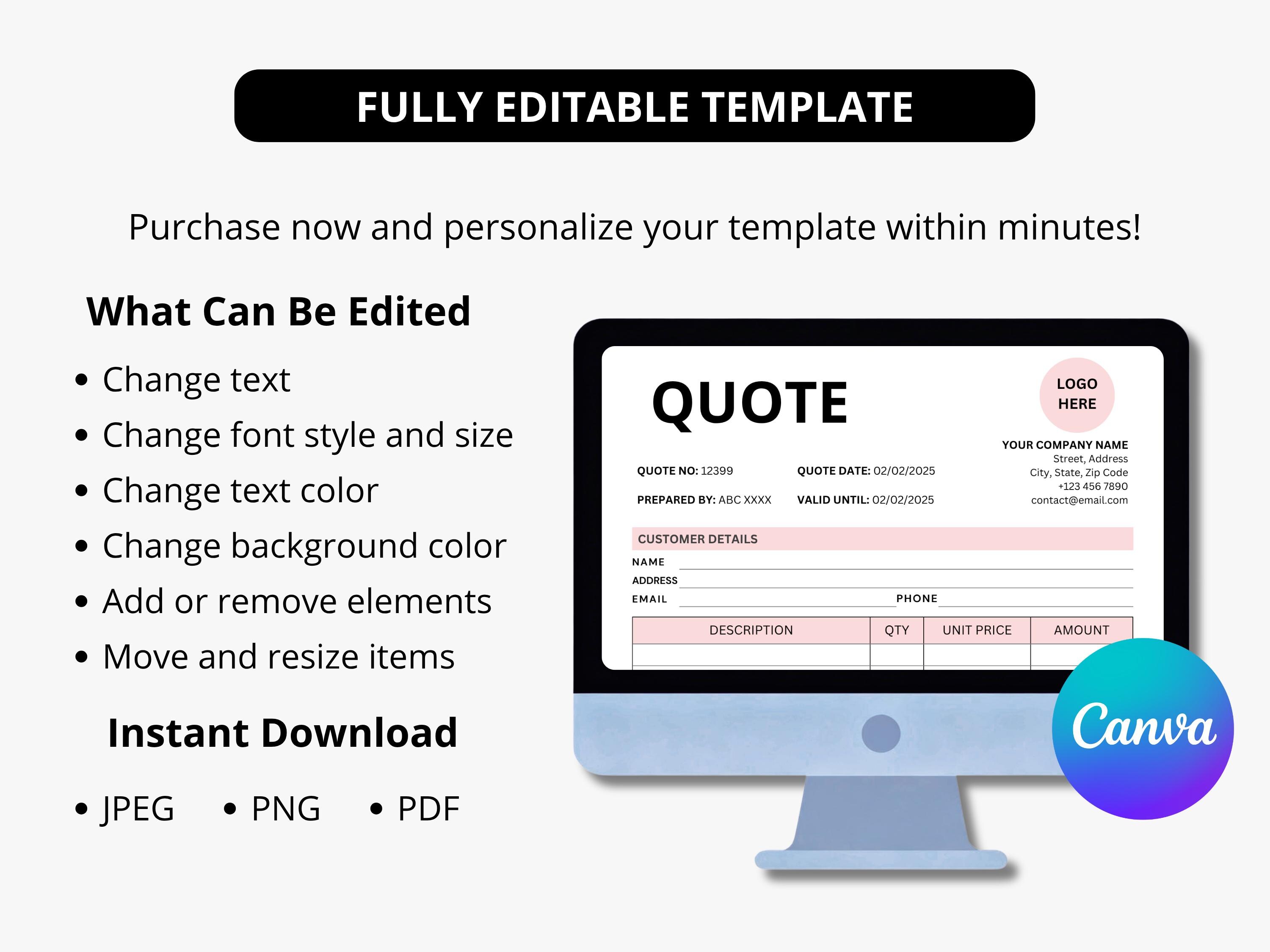 Quote Template Canva, Editable Job Quote Form, Small Business Price ...