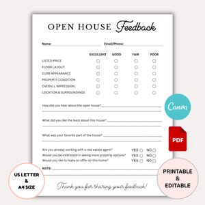 May include: A white Open House Feedback form with fill-in-the-blank sections for name, email, and ratings for listed price, floor layout, curb appearance, property condition, overall impression, and location. Includes Canva, PDF, and Printable & Editable icons.