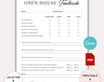 Open House Feedback Form, Real Estate Marketing, real estate open house, Realtor Open House Flyers, Editable Template, buyer feedback, PDF