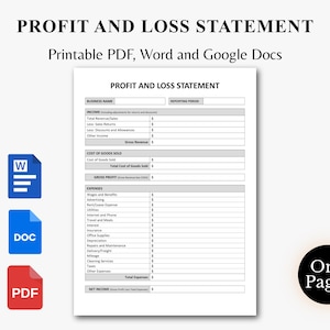 May include: A white Profit and Loss Statement template with the text "Printable PDF, Word and Google Docs." Includes icons for Word, DOC, and PDF formats. A black circle with the words "One Pages" is in the bottom right corner.
