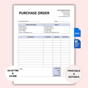 Purchase Order Template Editable | Small Business Purchase Order Form Template | Professional Business Order Sheet Form Google Docs/Word