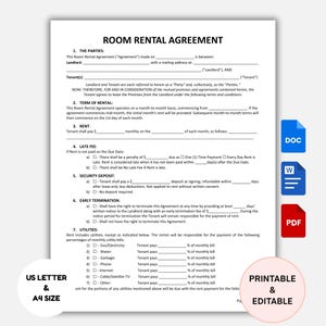 Room Rental Agreement Template Printable | Editable Roommate Room Rental Contract Form | Rent Room | Lease Agreement | Room Tenancy Contract