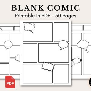 May include: Several blank comic book pages with speech bubbles and panel layouts. The pages are white with black outlines, and the text "BLANK COMIC" is at the top. The PDF icon is red, and the pages are labeled "50 Pages".