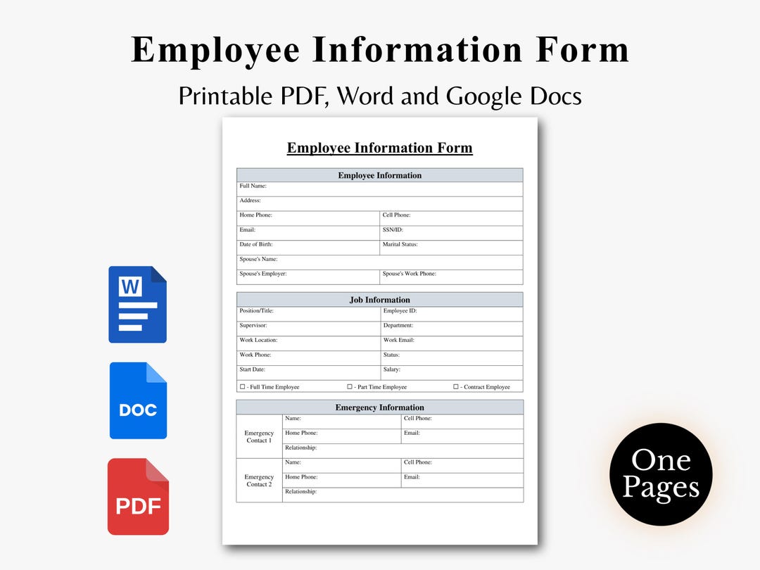 Employee Information Template, Employee Data Form, Hiring Template ...