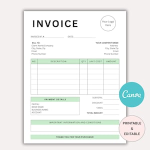 May include: A printable and editable invoice template with a clean, minimalist design. The document features sections for client details, item descriptions, payment details, and a thank you message. The design incorporates a light green color scheme.