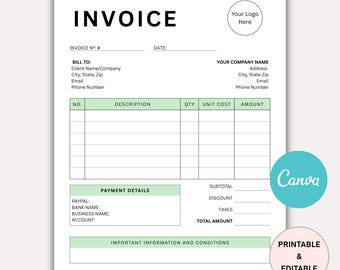 Invoice Template Canva, Editable Business Invoice Form, Modern Printable Invoice, Custom Invoice Form