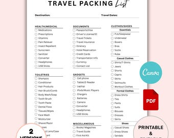 Travel Packing List Printable, Vacation Planner & Checklist, Trip Packing Checklist, Travel Organizer, PDF Download, US Letter A4