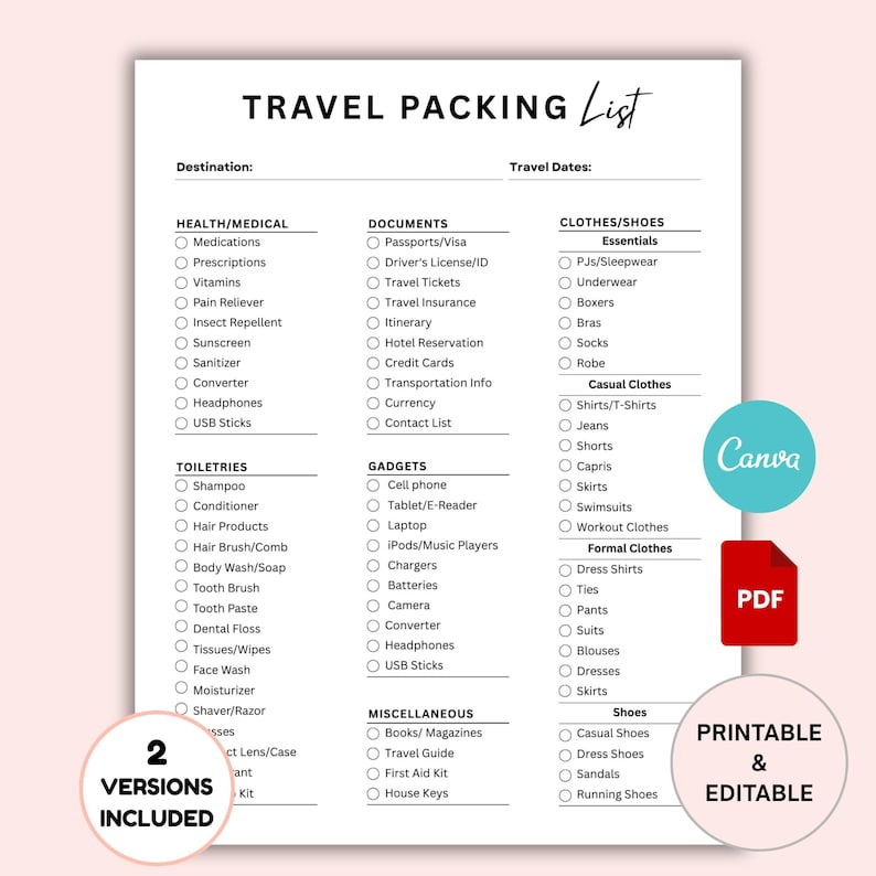 Travel Packing List Printable, Vacation Planner & Checklist, Trip ...