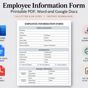 Mall för medarbetardata, information om nyanställda och HR-register, introduktionsformulär för nyanställda, direkt nedladdning