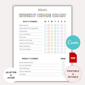 Editable Chore Chart for Kids | Kids Daily Weekly Responsibility Chart Printable | Daily Kids Chores List | Kids Daily Routine Checklist PDF