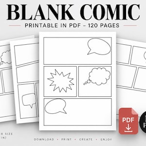 Pode incluir: Um conjunto de páginas de banda desenhada em branco em formato PDF, com 120 páginas de vários layouts de painéis com balões de fala e pensamento. O texto diz BLANK COMIC, PRINTABLE IN PDF - 120 PAGES e US LETTER SIZE (8.5 X 11 IN).