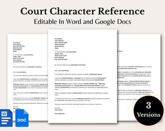 May include: Three white pages of a court character reference template with the title "Court Character Reference" in black text. The document is editable in Word and Google Docs. A black circle with the number "3" and the word "Versions" is in the bottom right corner.