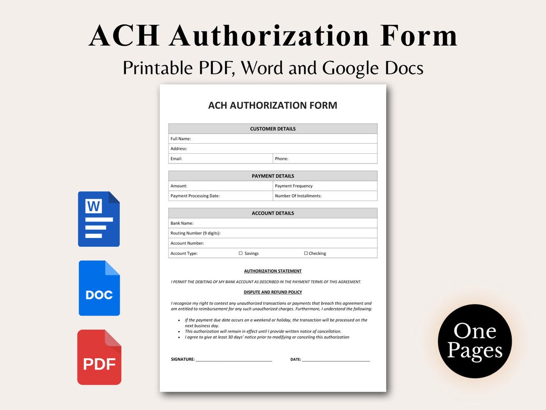 ACH Authorization Form Template, Editable Debit Authorization for ...