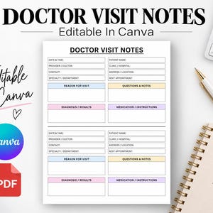 Editable Doctor Visit Tracker, Medical Appointment Log, Health Record Sheet (Canva & PDF)