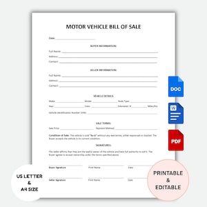 Puede incluir: Un modelo en blanco de factura de venta de vehículo a motor con secciones para la información del comprador y del vendedor, los detalles del vehículo y las condiciones de venta. Incluye iconos DOC, W y PDF, y un círculo rosa con el texto "PRINTABLE & EDITABLE".