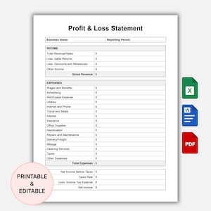 Puede incluir: Una plantilla de declaración de pérdidas y ganancias imprimible y editable. El documento incluye secciones para ingresos y gastos, con campos para el nombre de la empresa y el período de informe. Iconos de archivos X, W y PDF a la derecha.