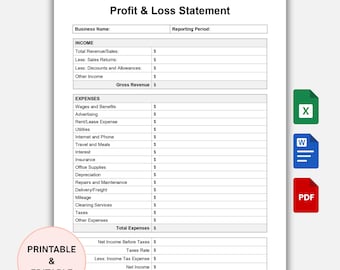 Profit and Loss Statement Template, Expense Report, Income Statement, Bookkeeping, Profit Calculator, Financial Statement, Word, Excel, PDF