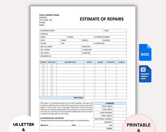 Editable Auto Repair Estimate Template. Automotive Service Invoice. Estimate Form. Car Repair. Body Shop Estimate (WORD & Google Docs).
