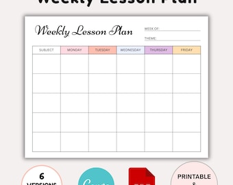 May include: A white weekly lesson plan template with the title "Weekly Lesson Plan" in a decorative font. The template includes a grid for subjects and days of the week, with the text "6 VERSIONS INCLUDED", "Canva", "PDF", and "PRINTABLE & EDITABLE".