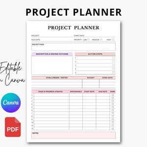 Könnte beinhalten: Ein weißer Projektplaner mit rosa Akzenten und dem Text "PROJECT PLANNER" oben. Der Planer enthält Abschnitte für Projektdetails, Ziele, Aktionsschritte und Aufgaben. Der Text "Editable in Canva" ist ebenfalls sichtbar.