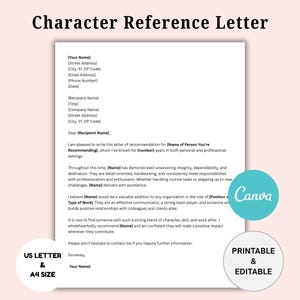 Plantilla de carta de recomendación profesional imprimible / Plantilla de carta de recomendación de trabajo / Plantilla de carta de recomendación de carácter editable CANVA