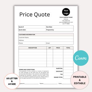 Quote Template Editable, Price Quotation Form, Small Business Invoice Order Form, Job Estimate Form, Job Proposal Template, Quote Form CANVA
