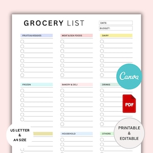 Grocery List Printable Template, Weekly Shopping List, Blank Grocery List Digital, Grocery Planner, Food Shopping List, Editable Canva & PDF