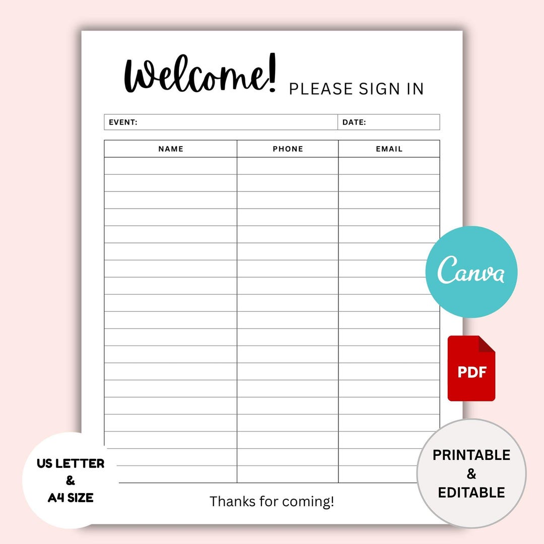 Printable Event Sign in Sheet | Open House Sign in Sheet Template ...