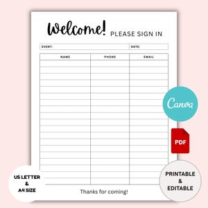 Printable Event Sign In Sheet | Open House Sign In Sheet Template | Meeting Sign In Sheet | Sign In Sheet Realtors | Guest Sign in Sheet PDF