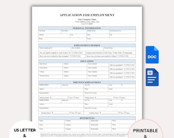 Editable Job Application Template: US Letter & A4 (Google Docs, Word - Instant Download)