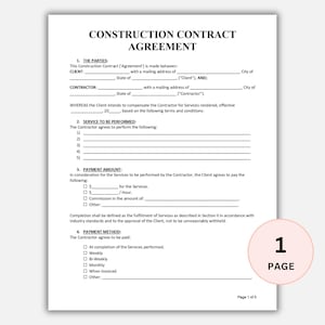 May include: A white Construction Contract Agreement document with the title at the top. The document includes sections for parties, services, payment amount, and payment method. A pink circle with the number 1 and the word "PAGE" is in the lower right corner.