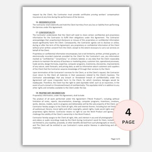 May include: A document page with text, featuring sections on indemnification, confidentiality, and proprietary information. The page is from a legal agreement, with the number "4" and the word "PAGE" in a circle at the bottom right.