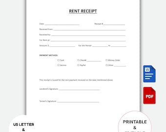 May include: A white rent receipt template with the title "RENT RECEIPT" at the top. The form includes fields for date, receipt number, and payment details. The bottom of the form has signature lines and icons for Word and PDF formats.