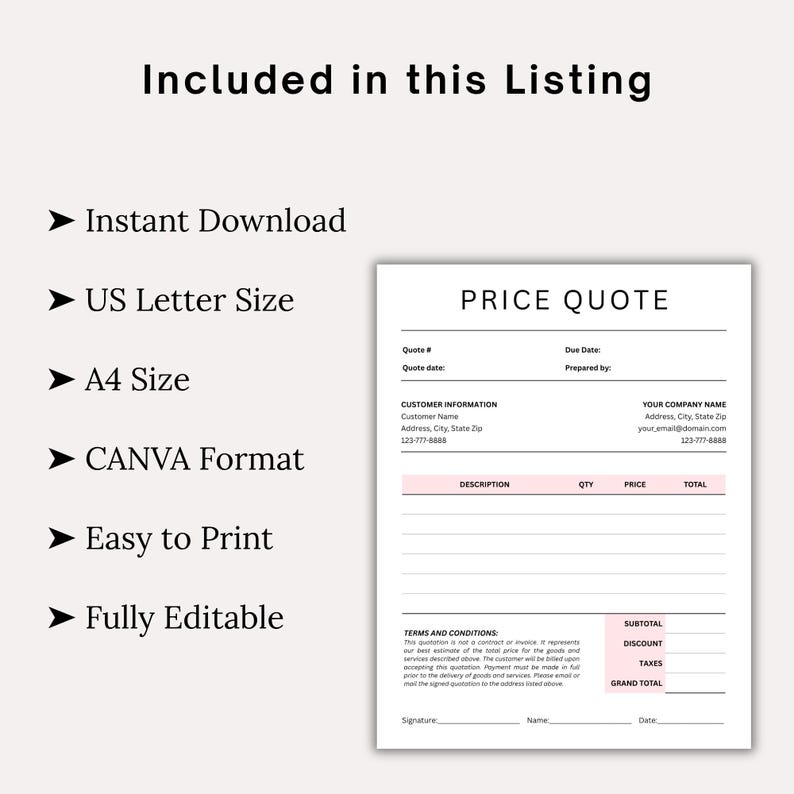 Printable Quote Template, Editable Price Quotation Form, Job Estimate ...