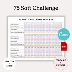 75 Day Soft Challenge Tracker Printable, 75 Soft Tracker, 75 Day Challenge, Fitness Journal, Weight Loss Challenge, Fitness Tracker Canva
