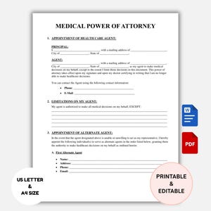 May include: A Medical Power of Attorney document with sections for principal, agent, and alternate agent details. The form includes fields for addresses and contact information. The image also shows a "Printable & Editable" graphic.