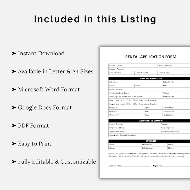 Editable Rental Application Template: Landlord Lease Form (word, PDF ...