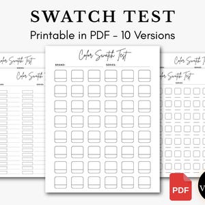May include: A collection of white printable swatch test sheets with various layouts, including squares, lines, and butterfly shapes. The text "SWATCH TEST" and "Printable in PDF - 10 Versions" are displayed at the top. A red PDF icon and a black circle with "10 Versions" are also visible.