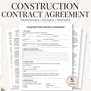 May include: A five-page construction contract agreement document template with black text on white paper. The form includes sections for parties, services, payment amounts, and methods. Icons indicate Canva editable, PDF printable, US letter size, and A4 size.