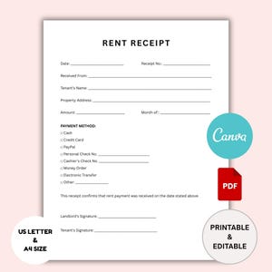 Printable Rent Receipt Template: Editable Landlord Form (PDF & Canva)