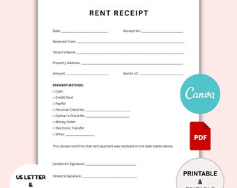 May include: A printable and editable rent receipt template with fields for date, tenant information, payment method, and signatures. The document is labeled "US LETTER & A4 SIZE" and includes a "Canva" logo.