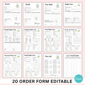 Peut inclure: Une collection de 12 formulaires et modèles de commande imprimables, comprenant des factures, des reçus et des devis. Les formulaires sont conçus avec une mise en page épurée et minimaliste. Le texte "20 ORDER FORM EDITABLE" est en bas.