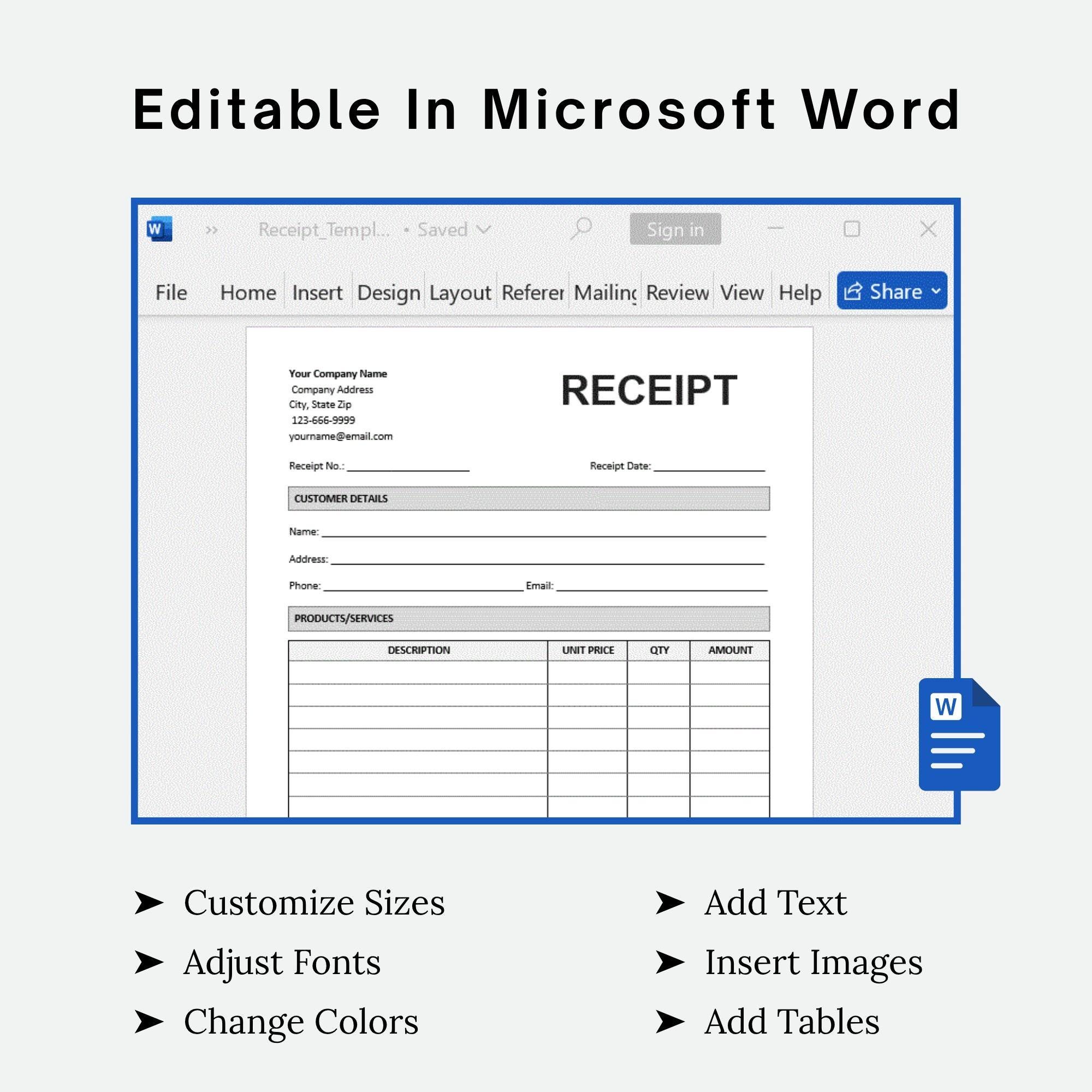 Receipt Editable Mini Editable Receipt Template: Small Business Order Form (google Docs/word ...