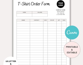 Editable T-Shirt Order Form: Printable Custom Shirt Sheet (Canva Template, US Letter/A4 Size)